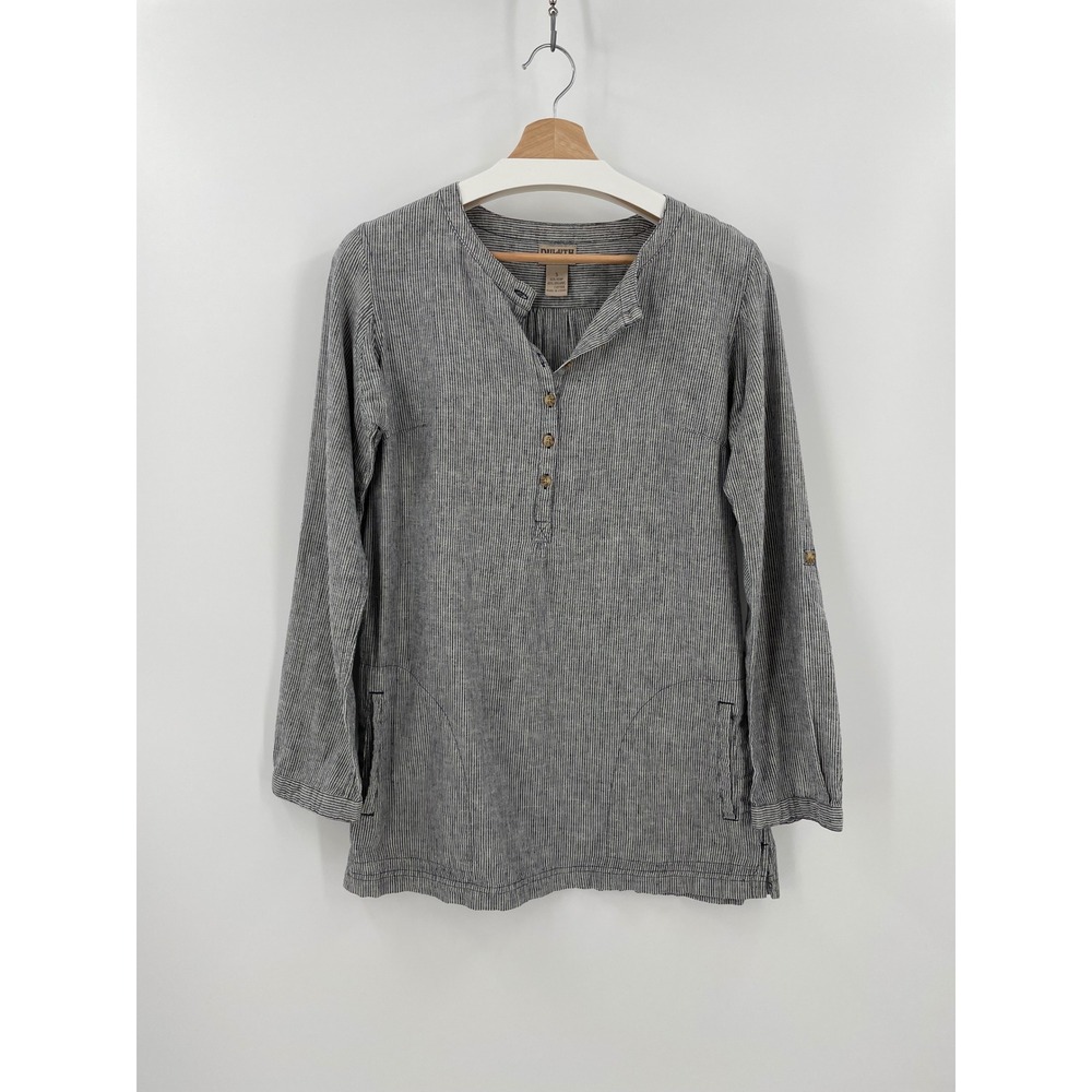 Duluth Trading Co Striped Henley Tunic Shirt S Gray White Hemp Cotton Pockets